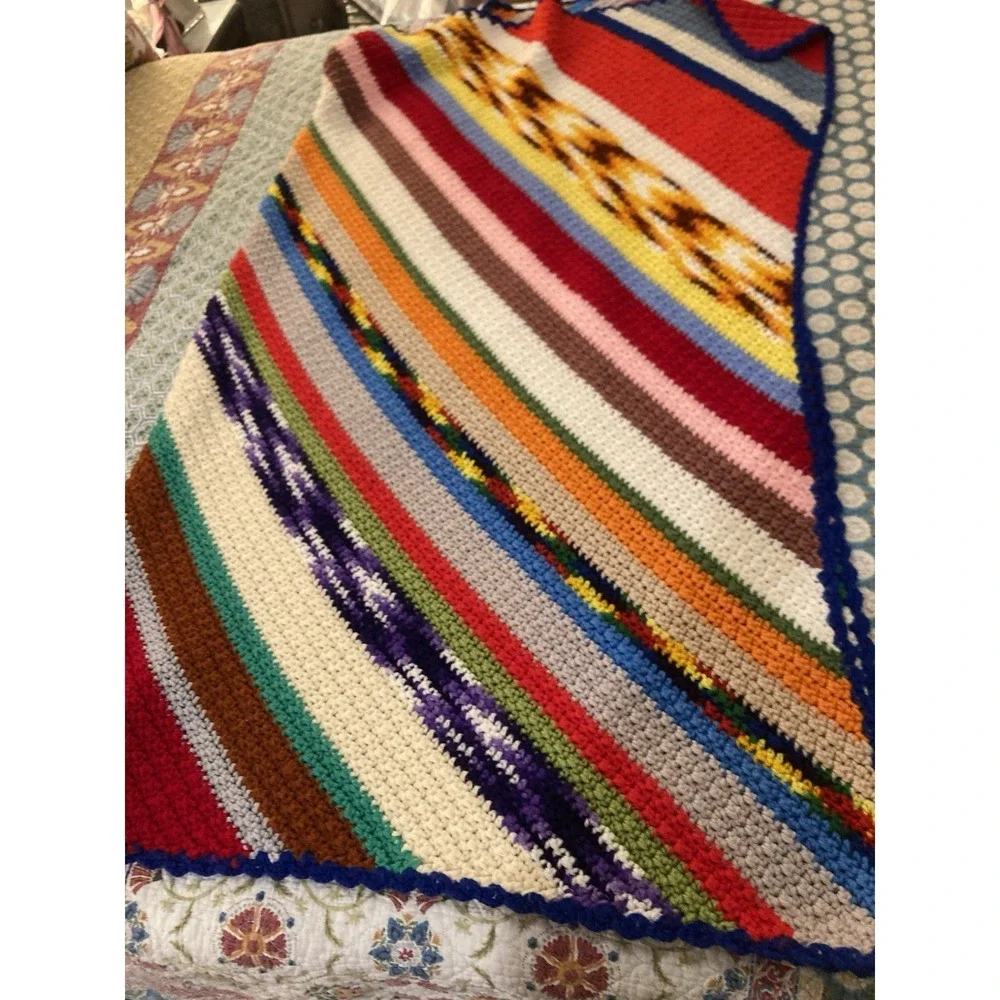 Vintage Handmade Crochet Afghan Throw 48x58 Colorful Diagonal Stripe